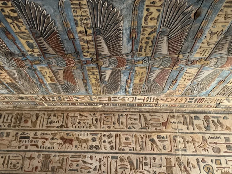 colorful ceiling inside Esna Temple