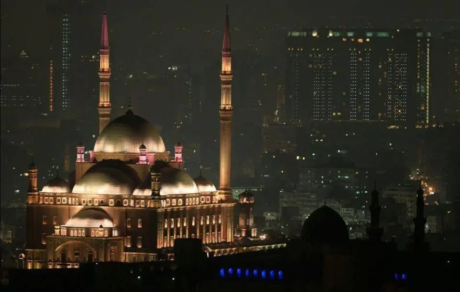 Mohamed Ali Mosque illuminated at night in Cairo